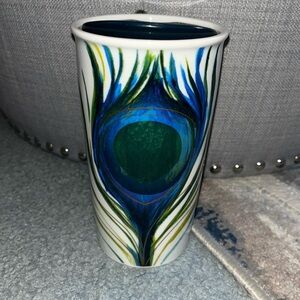 Starbucks 2015 Peacock Feather Ceramic Tumbler Hot Drink Mug Travel Cup w Lid